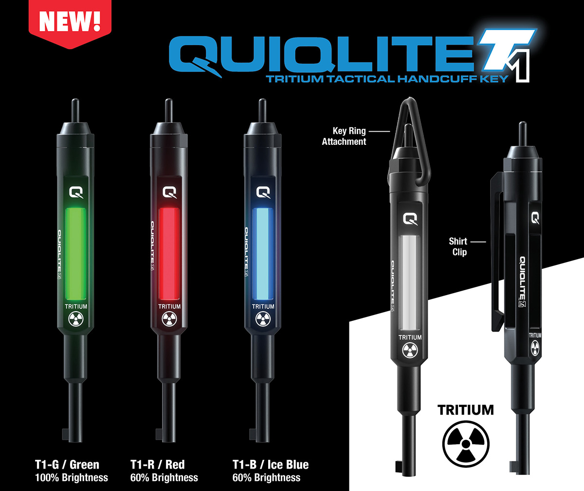 QuiqLite T1 Tactical Handcuff Key with Tritium in Green, Red, and Blue color options.